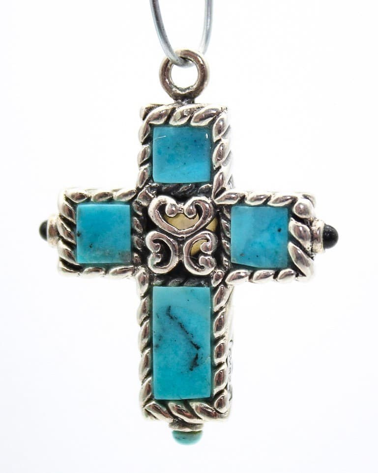 Sally C Treasures Sterling Silver 925 Onyx & Turquoise Cross Crucifix Pendant 1" - Thumbnail 4