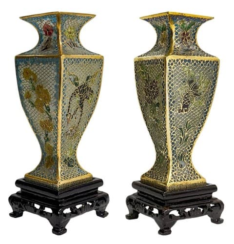 Pair Of Antique Chinese Plique A Jour Fish Motif Enamel Vases On Wood Bases - Image 1