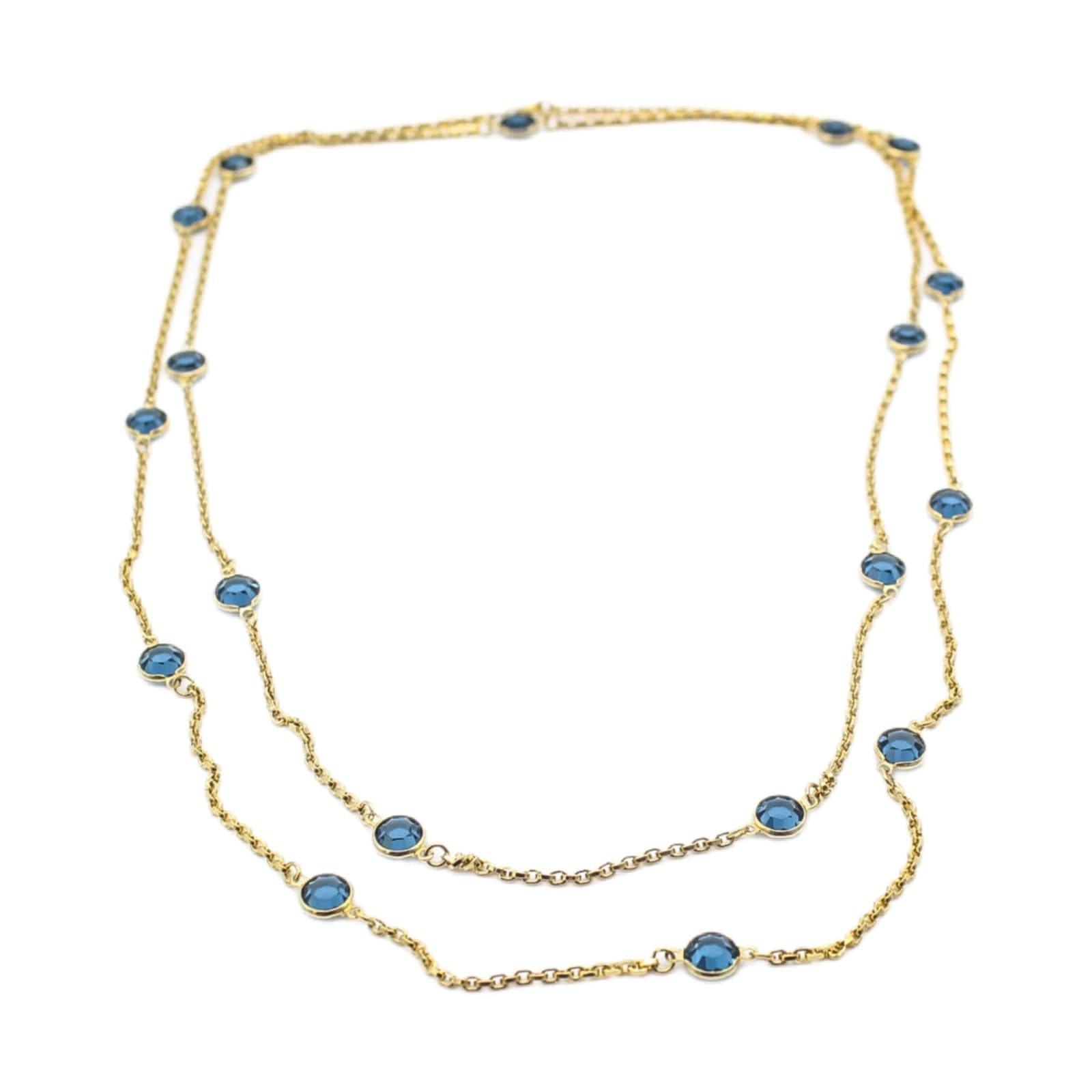 Vintage Gold Tone Faceted Blue Crystal Station Long Statement Necklace 54" - Image 1