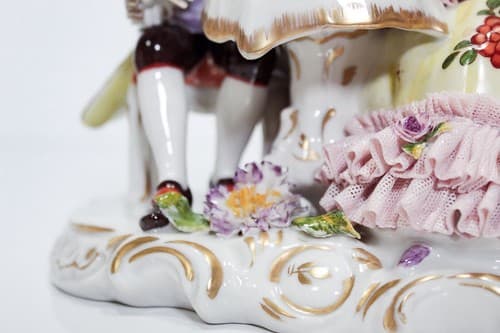 Antique Germany Dresden Couple Playing Chess Group Lace Porcelain Figurine - Thumbnail 5