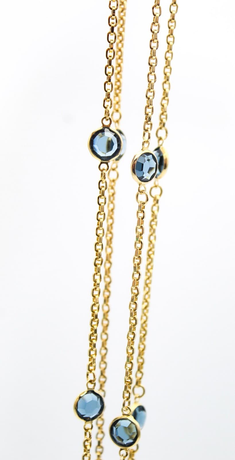Vintage Gold Tone Faceted Blue Crystal Station Long Statement Necklace 54" - Thumbnail 4