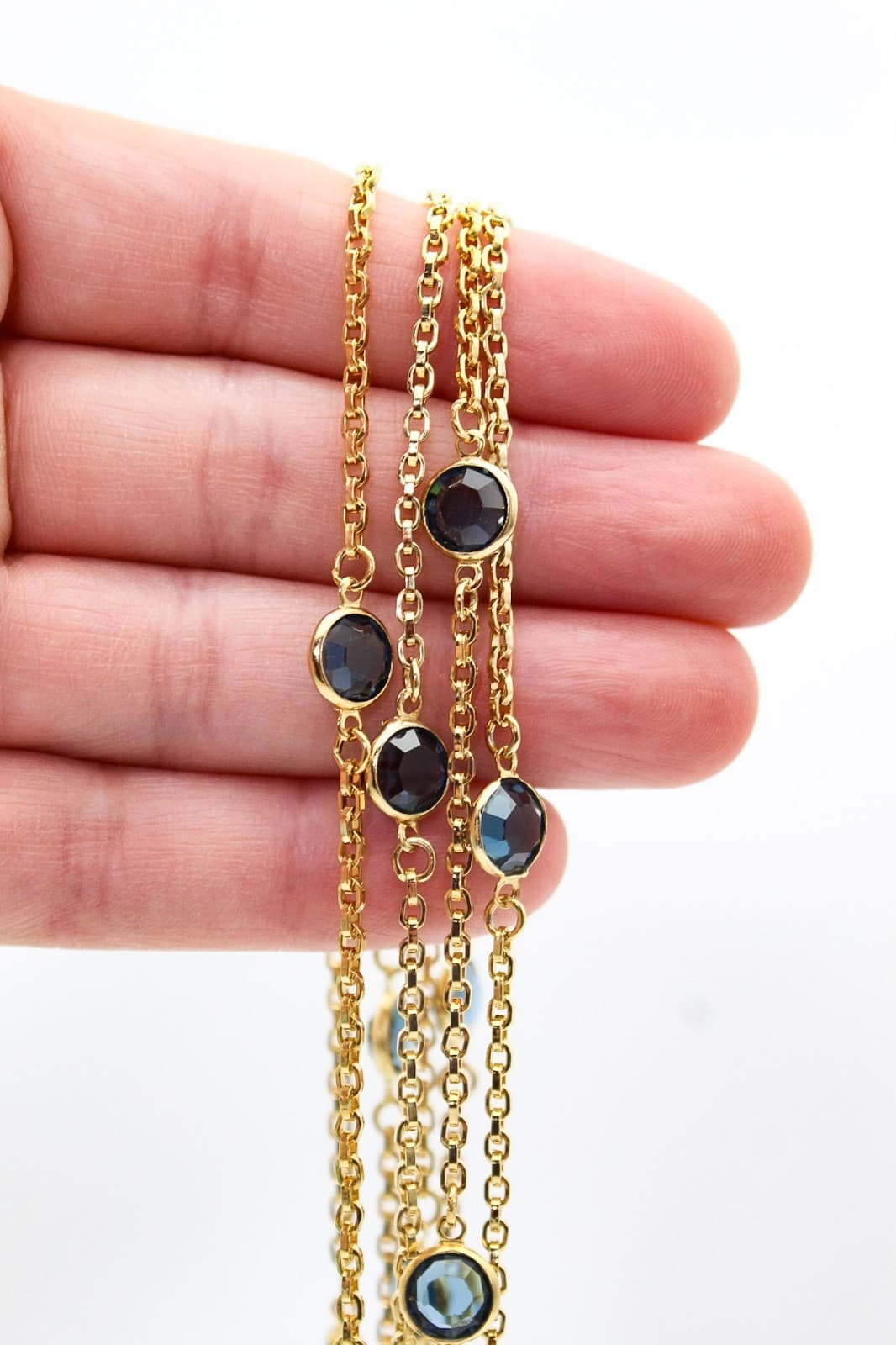 Vintage Gold Tone Faceted Blue Crystal Station Long Statement Necklace 54" - Thumbnail 2