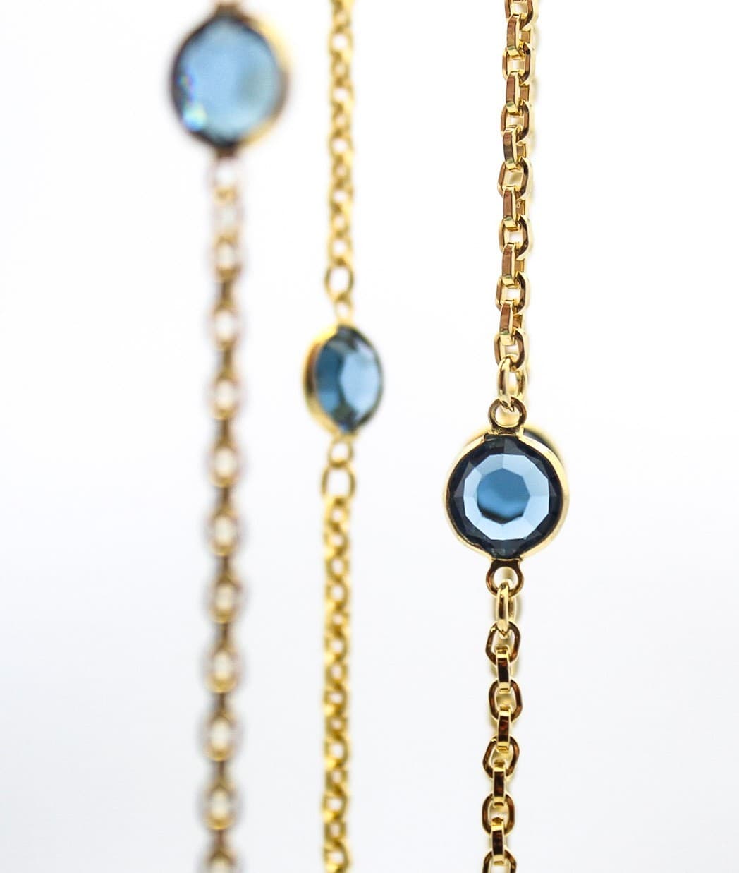 Vintage Gold Tone Faceted Blue Crystal Station Long Statement Necklace 54" - Thumbnail 3