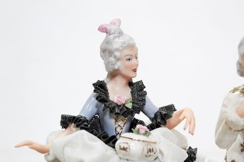 Antique Germany Lace Dresden Couple Playing Chess Porcelain Figurine - Thumbnail 2