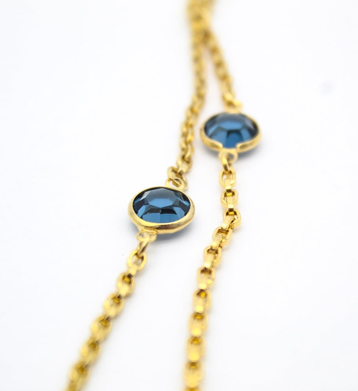 Vintage Gold Tone Faceted Blue Crystal Station Long Statement Necklace 54" - Thumbnail 7