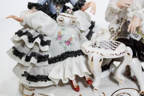 Antique Germany Lace Dresden Couple Playing Chess Porcelain Figurine - Thumbnail 4