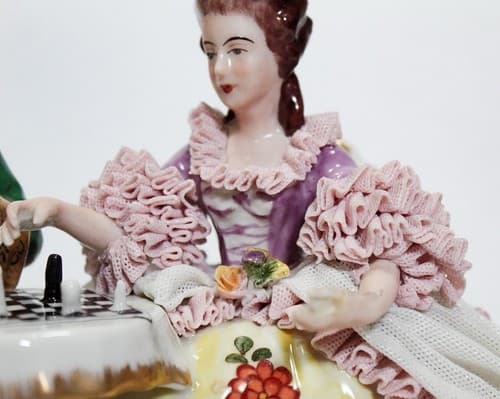 Antique Germany Dresden Couple Playing Chess Group Lace Porcelain Figurine - Thumbnail 4