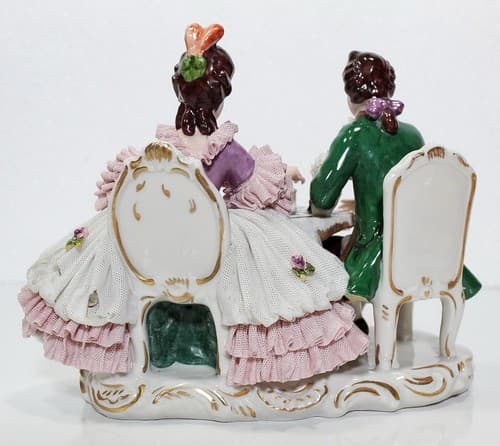 Antique Germany Dresden Couple Playing Chess Group Lace Porcelain Figurine - Thumbnail 9