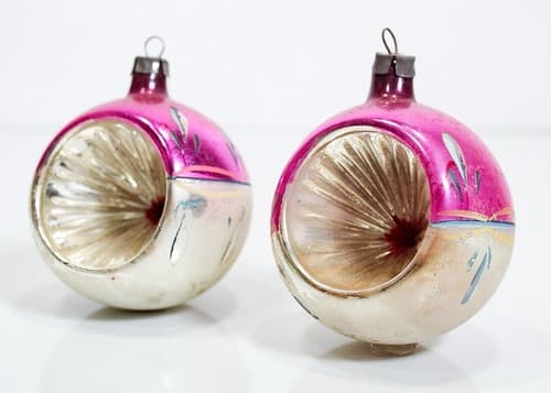 2 Vintage Hand Painted Pink/Silver Indent Reflector Glass Christmas Ornaments - Thumbnail 7