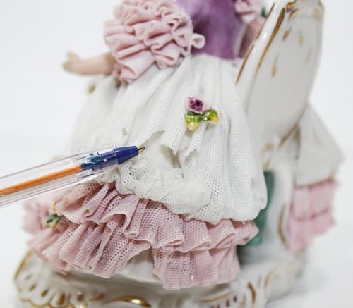Antique Germany Dresden Couple Playing Chess Group Lace Porcelain Figurine - Thumbnail 8