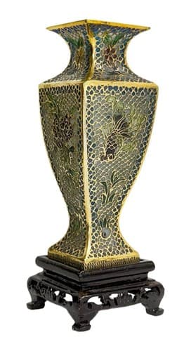 Pair Of Antique Chinese Plique A Jour Fish Motif Enamel Vases On Wood Bases - Thumbnail 3