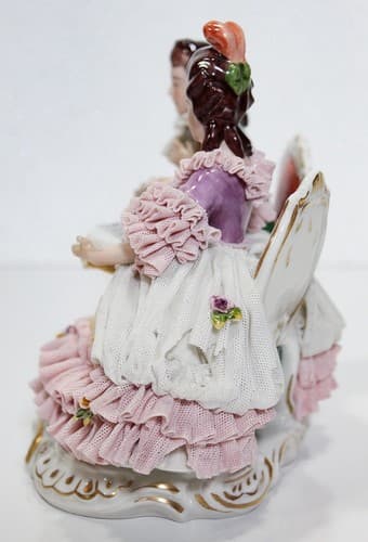 Antique Germany Dresden Couple Playing Chess Group Lace Porcelain Figurine - Thumbnail 7