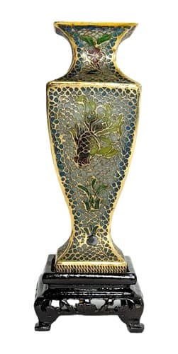 Pair Of Antique Chinese Plique A Jour Fish Motif Enamel Vases On Wood Bases - Thumbnail 7