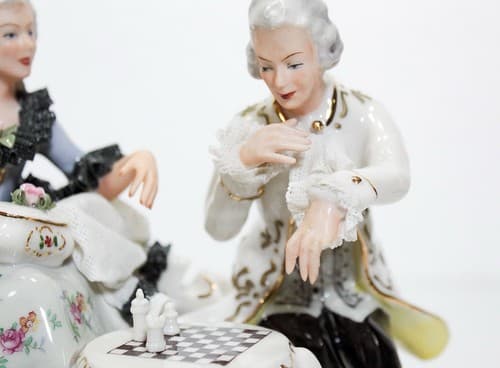 Antique Germany Lace Dresden Couple Playing Chess Porcelain Figurine - Thumbnail 3