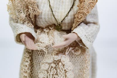 Antique Porcelain Miniature Dollhouse Lady Doll w/ Laced Dress & Necklace RARE - Thumbnail 4