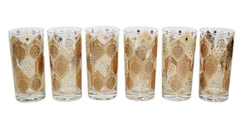 7 Vintage High Ball Tumbler Gold Gilt Pineapple Medallion Drinking Glasses - Image 1