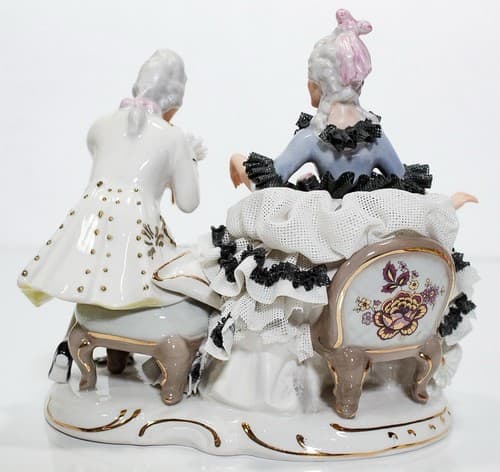 Antique Germany Lace Dresden Couple Playing Chess Porcelain Figurine - Thumbnail 7