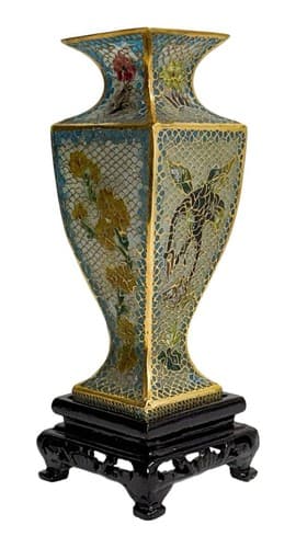Pair Of Antique Chinese Plique A Jour Fish Motif Enamel Vases On Wood Bases - Thumbnail 2