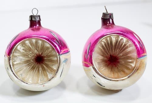 2 Vintage Hand Painted Pink/Silver Indent Reflector Glass Christmas Ornaments - Thumbnail 3