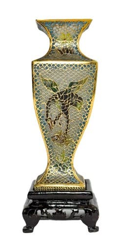 Pair Of Antique Chinese Plique A Jour Fish Motif Enamel Vases On Wood Bases - Thumbnail 5