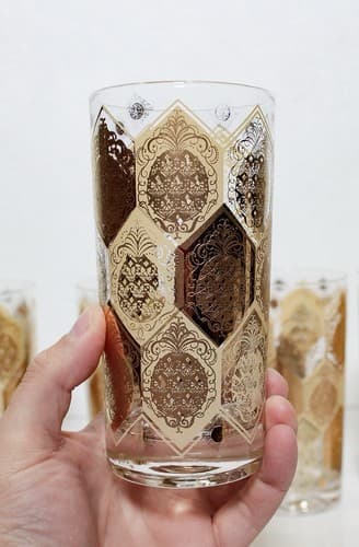 7 Vintage High Ball Tumbler Gold Gilt Pineapple Medallion Drinking Glasses - Thumbnail 3