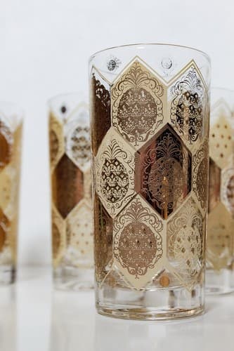 7 Vintage High Ball Tumbler Gold Gilt Pineapple Medallion Drinking Glasses - Thumbnail 7
