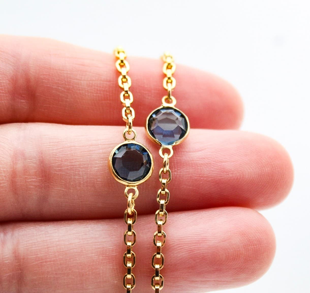 Vintage Gold Tone Faceted Blue Crystal Station Long Statement Necklace 54" - Thumbnail 5