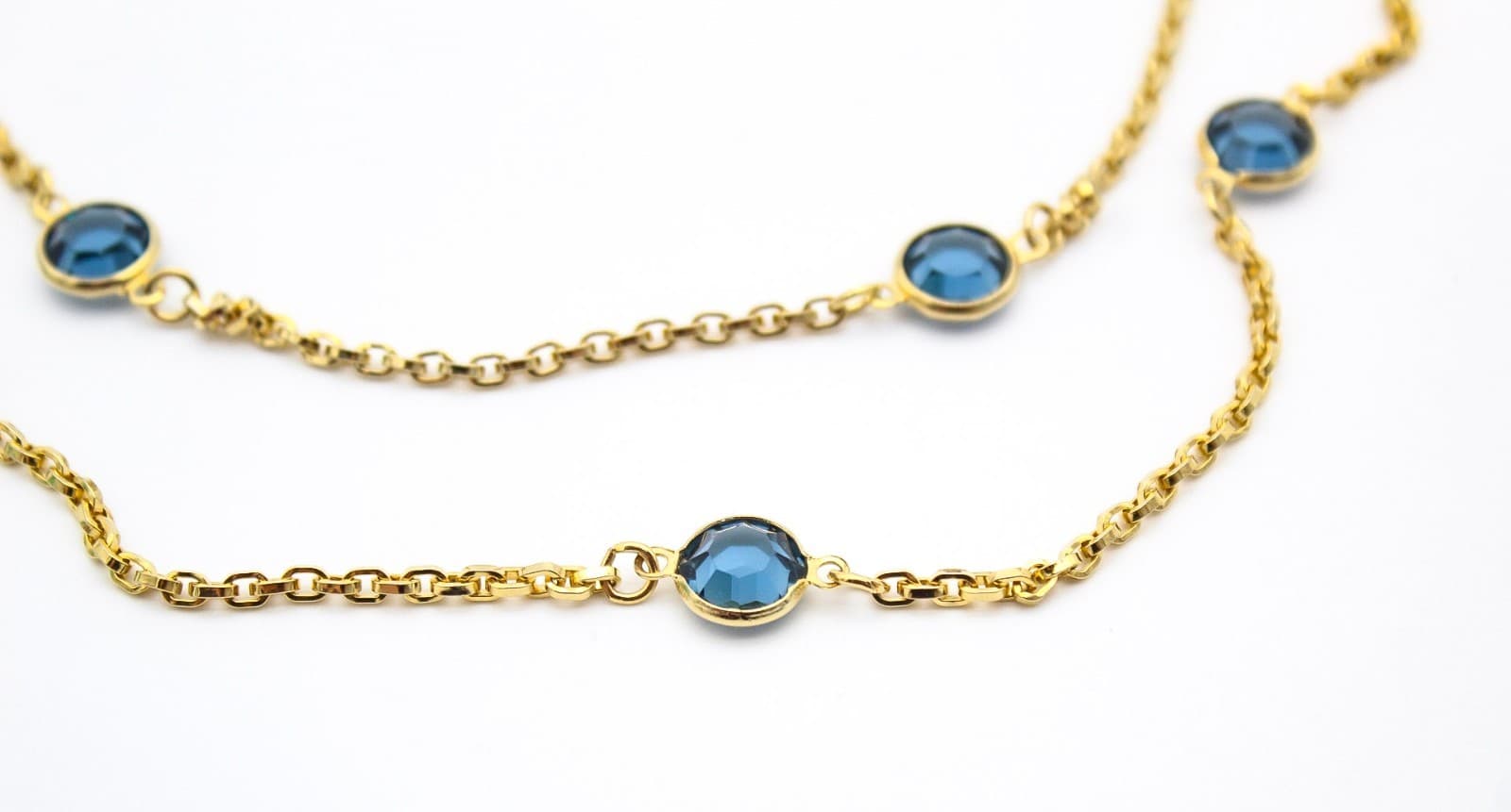 Vintage Gold Tone Faceted Blue Crystal Station Long Statement Necklace 54" - Thumbnail 8