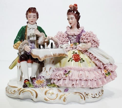 Antique Germany Dresden Couple Playing Chess Group Lace Porcelain Figurine - Thumbnail 2
