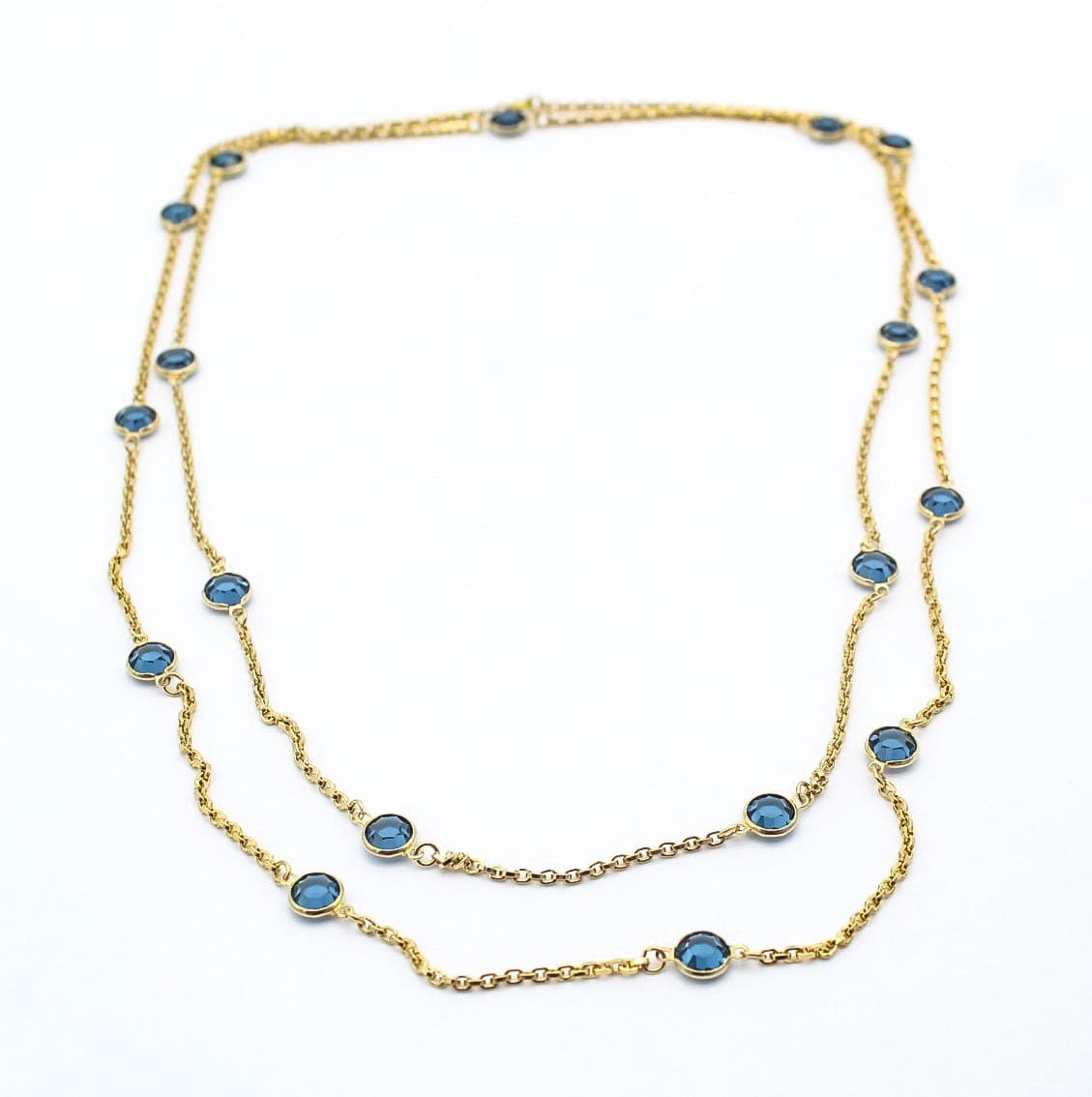 Vintage Gold Tone Faceted Blue Crystal Station Long Statement Necklace 54" - Thumbnail 9