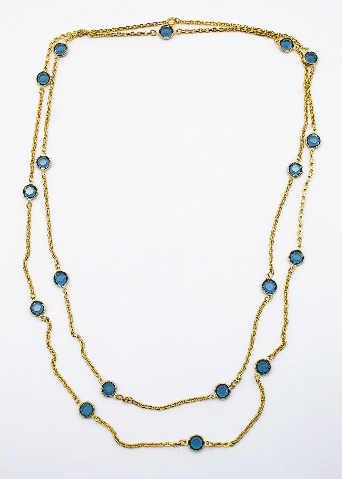 Vintage Gold Tone Faceted Blue Crystal Station Long Statement Necklace 54" - Thumbnail 6