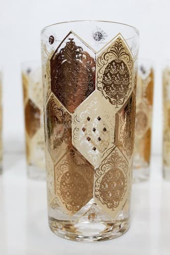 7 Vintage High Ball Tumbler Gold Gilt Pineapple Medallion Drinking Glasses - Thumbnail 2