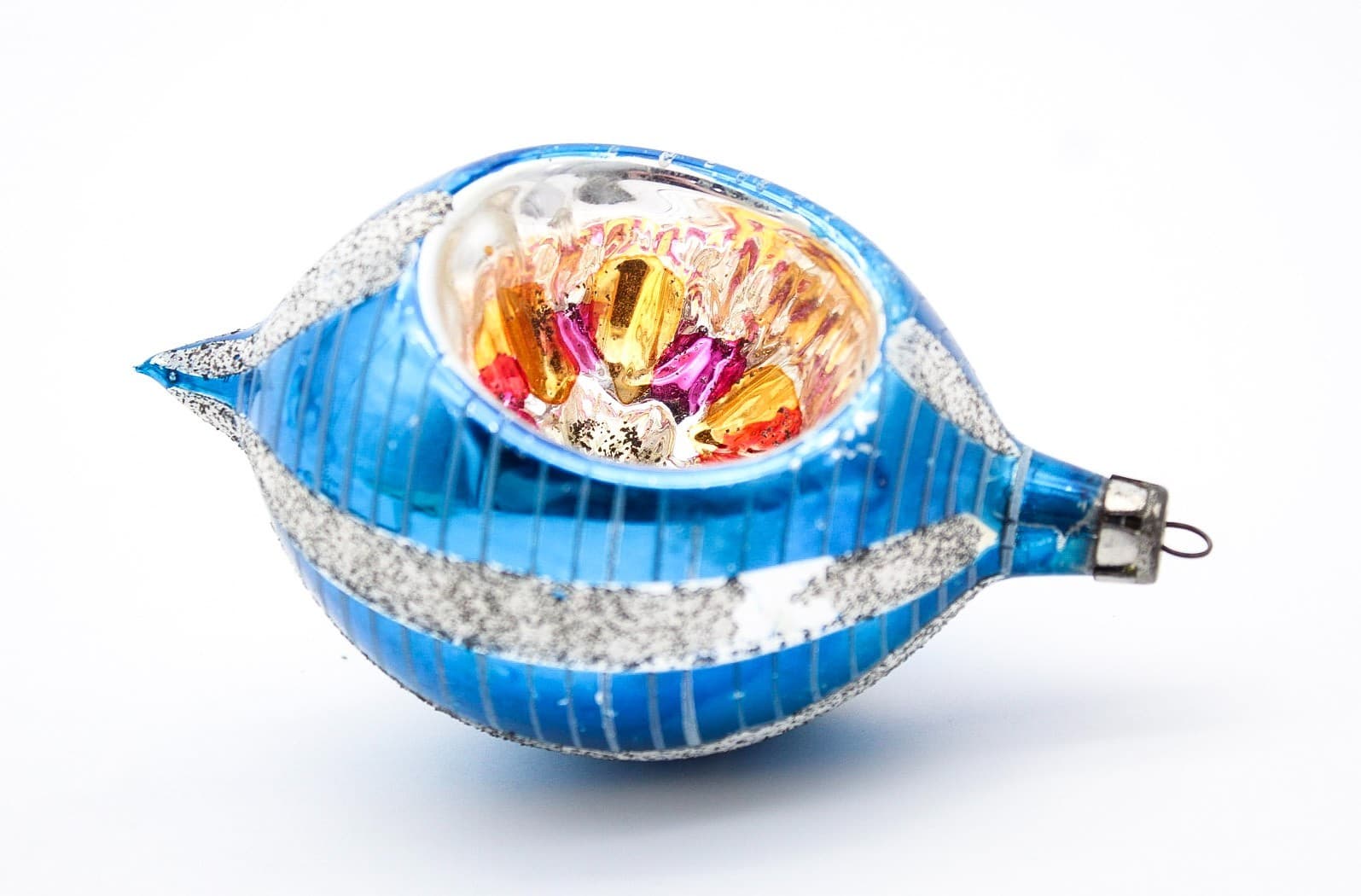 Vintage Poland Reflector Mica Blue Silver Teardrop Glass Christmas Ornament 4" - Thumbnail 3