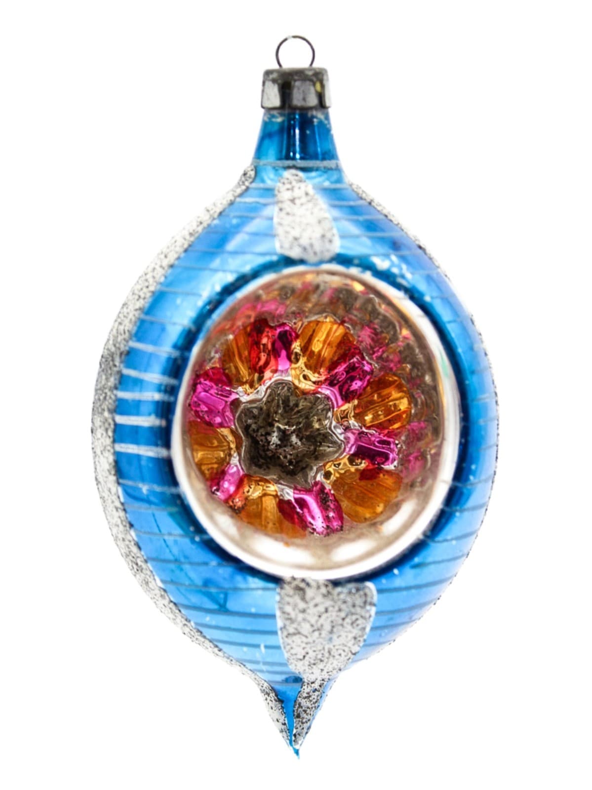 Vintage Poland Reflector Mica Blue Silver Teardrop Glass Christmas Ornament 4" - Image 1