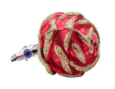 Vintage Germany Red Rose Flower Gold Glitter Glass Clip-On Christmas Ornament - Image 1
