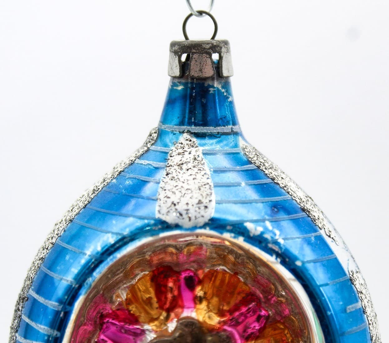 Vintage Poland Reflector Mica Blue Silver Teardrop Glass Christmas Ornament 4" - Thumbnail 7
