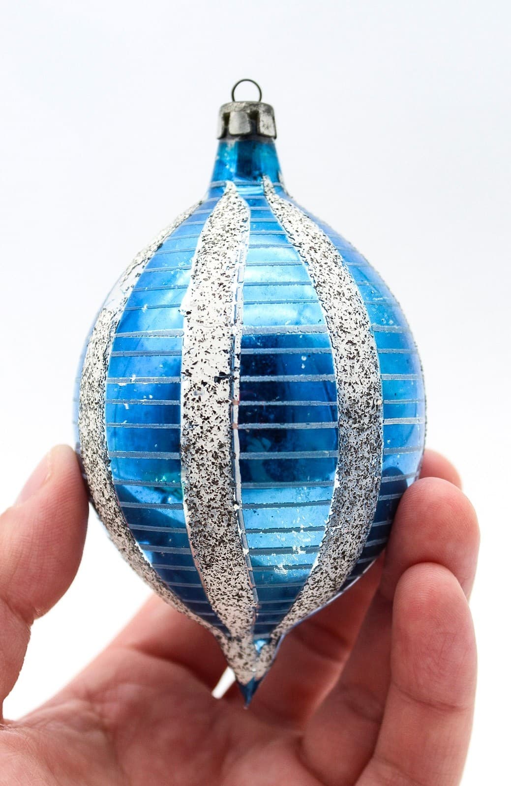 Vintage Poland Reflector Mica Blue Silver Teardrop Glass Christmas Ornament 4" - Thumbnail 6