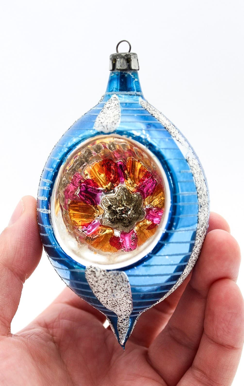 Vintage Poland Reflector Mica Blue Silver Teardrop Glass Christmas Ornament 4" - Thumbnail 2