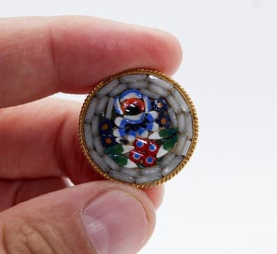 Vintage Italy Micro Mosaid Multicolor Round Floral Motif Small Pin Brooch - Thumbnail 2
