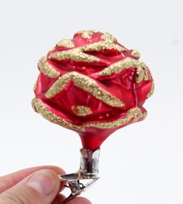 Vintage Germany Red Rose Flower Gold Glitter Glass Clip-On Christmas Ornament - Thumbnail 3