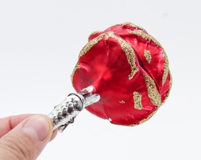 Vintage Germany Red Rose Flower Gold Glitter Glass Clip-On Christmas Ornament - Thumbnail 5