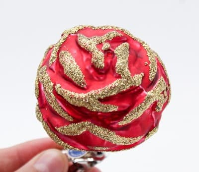Vintage Germany Red Rose Flower Gold Glitter Glass Clip-On Christmas Ornament - Thumbnail 4