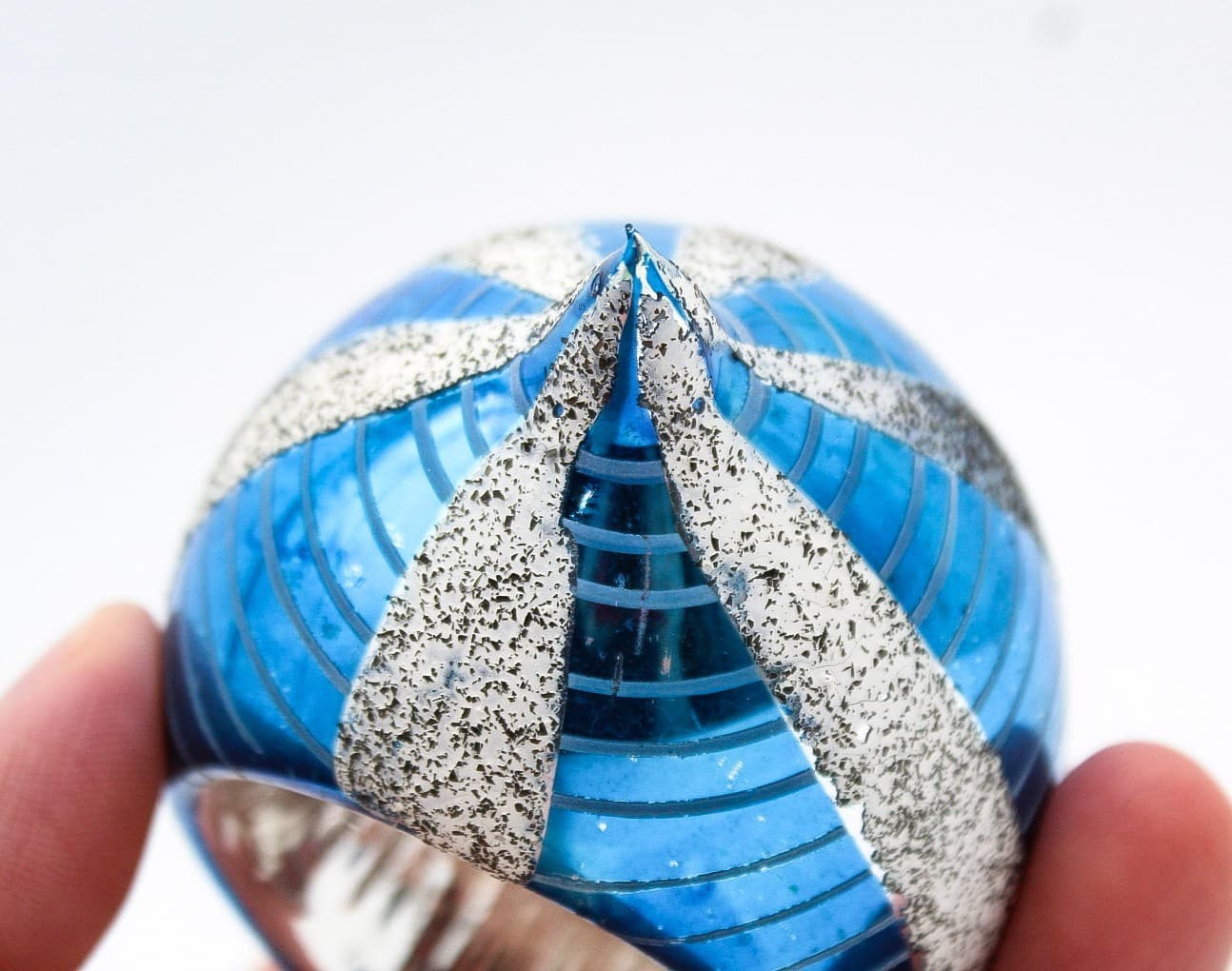 Vintage Poland Reflector Mica Blue Silver Teardrop Glass Christmas Ornament 4" - Thumbnail 4