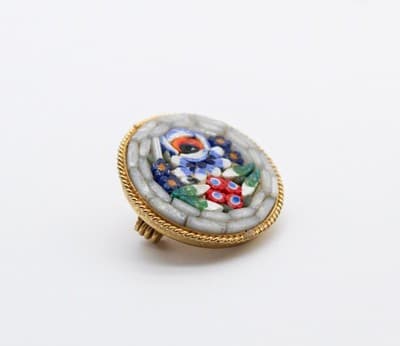 Vintage Italy Micro Mosaid Multicolor Round Floral Motif Small Pin Brooch - Thumbnail 3
