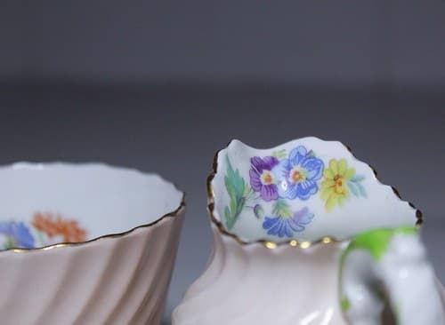 Vintage AYNSLEY England Open Swirl Design Floral Porcelain Sugar Bowl & Creamer - Thumbnail 4
