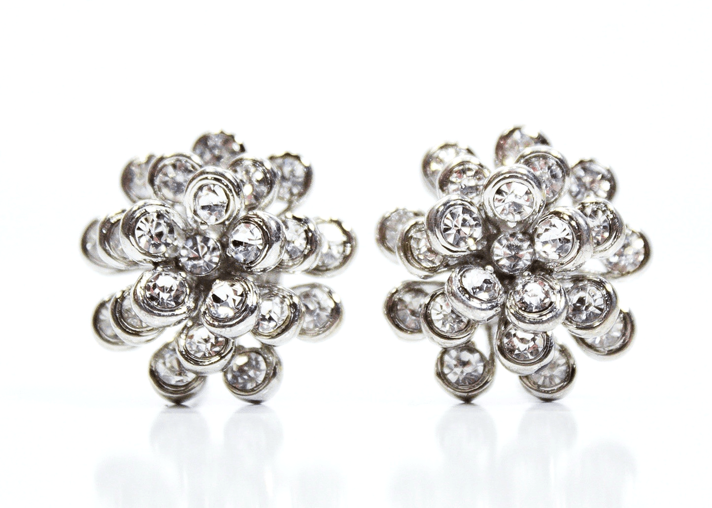 Vintage Silver Tone Stud Circular Clear Rhinestones Flower Motif Earrings - Image 1