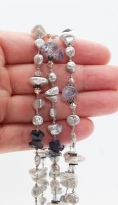 Vtg Natural Pearls & Amethyst Triple Strand Sterling Clasp Chocker Necklace - Thumbnail 2