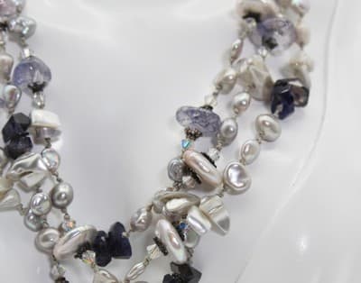 Vtg Natural Pearls & Amethyst Triple Strand Sterling Clasp Chocker Necklace - Thumbnail 5