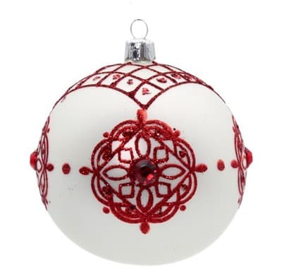 Vintage White Frosted Glass Red Mica Embroidery Pattern Christmas Ornament - Image 1