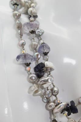 Vtg Natural Pearls & Amethyst Triple Strand Sterling Clasp Chocker Necklace - Thumbnail 4